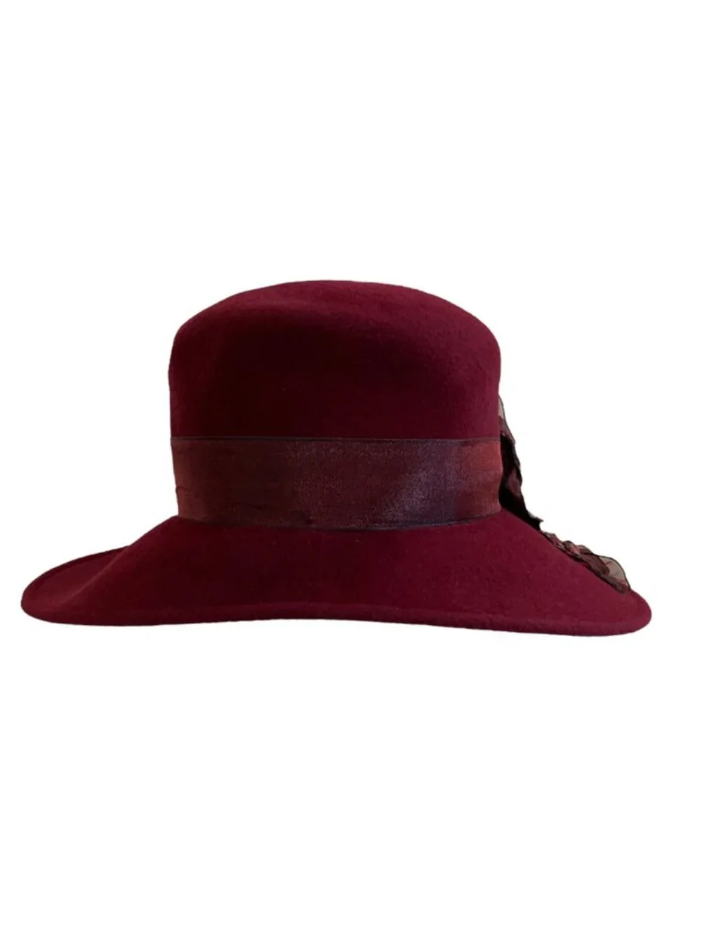 Louise Green Burgundy Wool Felt Wide Brim Hat With Floral Ribbon Detail